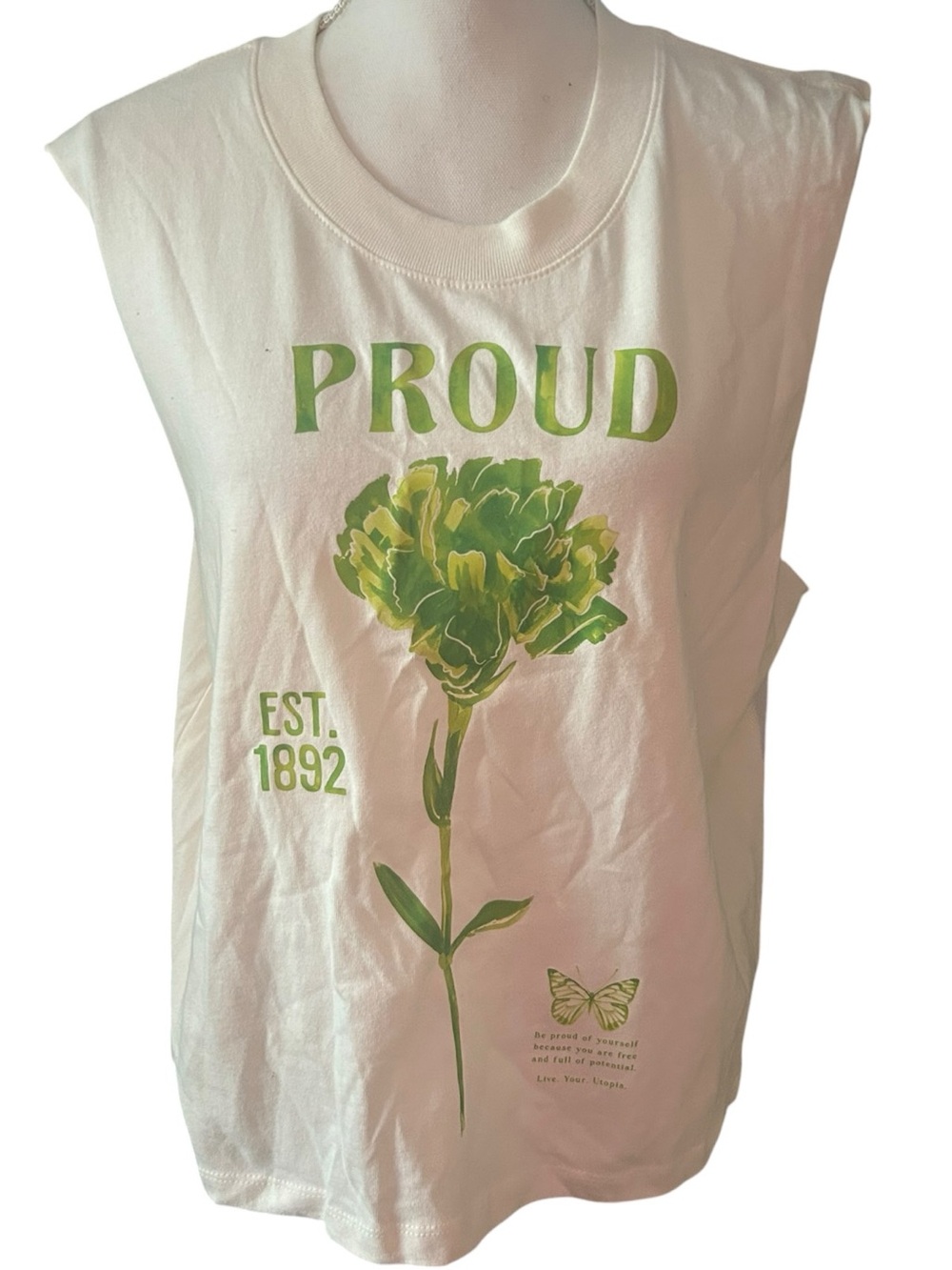 Hope & Wonder White Tank Top with Green 'PROUD' Floral Graphic